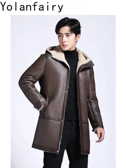 YOLANFAIRY Fashion Brown Genuine Sheepskin Leather Jacket Men Winter Mid-length Hooded Natural Fur Coat Man Warm Fur Coats Slim
