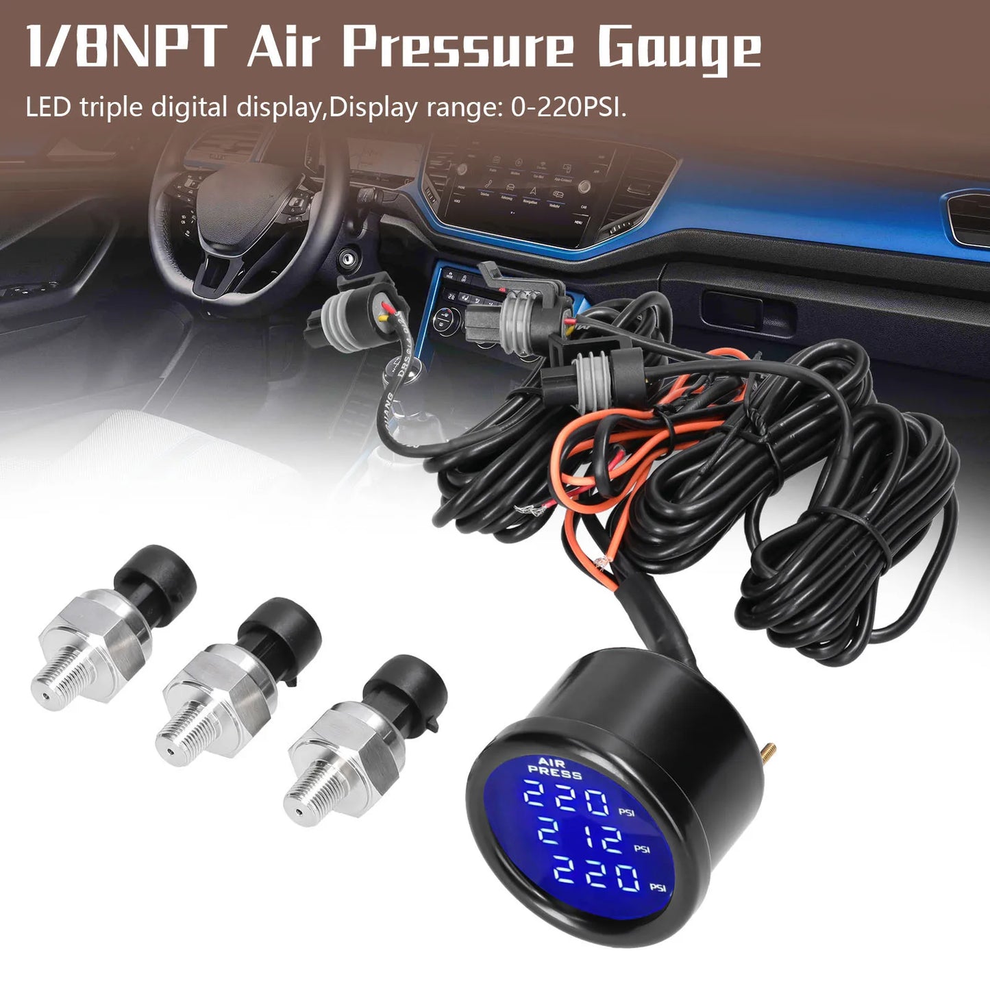 KKMOON Dual/Triple Display Air Pressure Guage LED Digital Air Suspension Gauge 0-220PSI 12/24V with 2pcs/3pcs 1/8NPT Sensors
