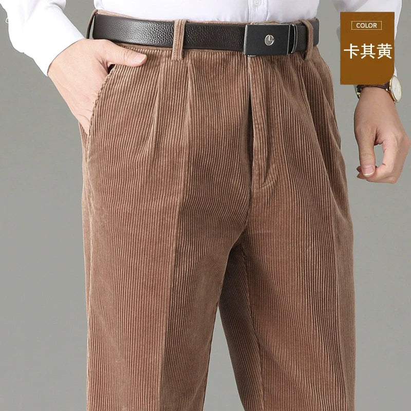 High Waist Double Pleated Winter Corduroy Pants Men Straight Loose 100% Cotton Autumn Casual Mens Trousers Size 44 46 48 50