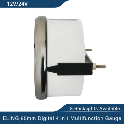 ELING Digital 52mm 85mm Car 4 in 1 Multifunction Gauge with Fuel Level Oil Pressure Water Temp. Voltmeter and 8 Colors Backlight