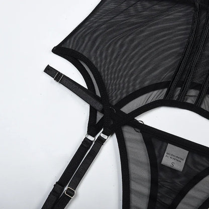 Mesh  Lingerie Luxury Brand Bodysuit Backless Tops for Women 3 Piece Lingerie Set with Garter Sexydresses for Women