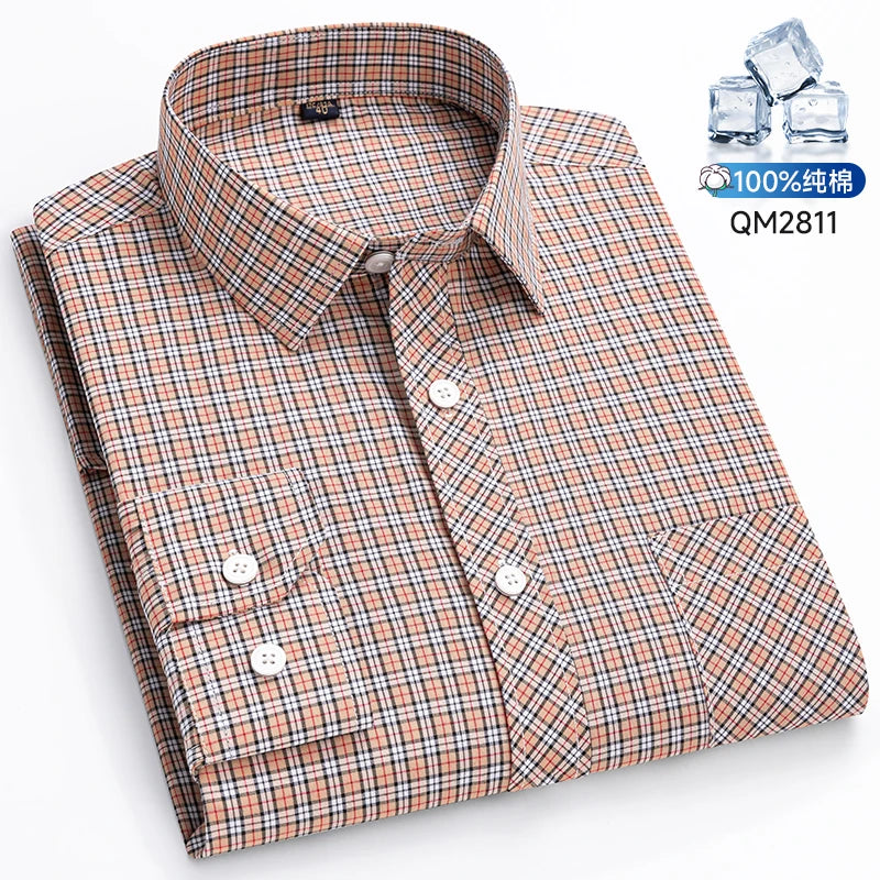 The New Men's Long-Sleeved Shirt Is Cool and Casual. It's a Thin, All-Cotton, Streetwear Checkered Style for Spring and Summer