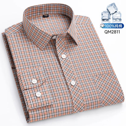 The New Men's Long-Sleeved Shirt Is Cool and Casual. It's a Thin, All-Cotton, Streetwear Checkered Style for Spring and Summer