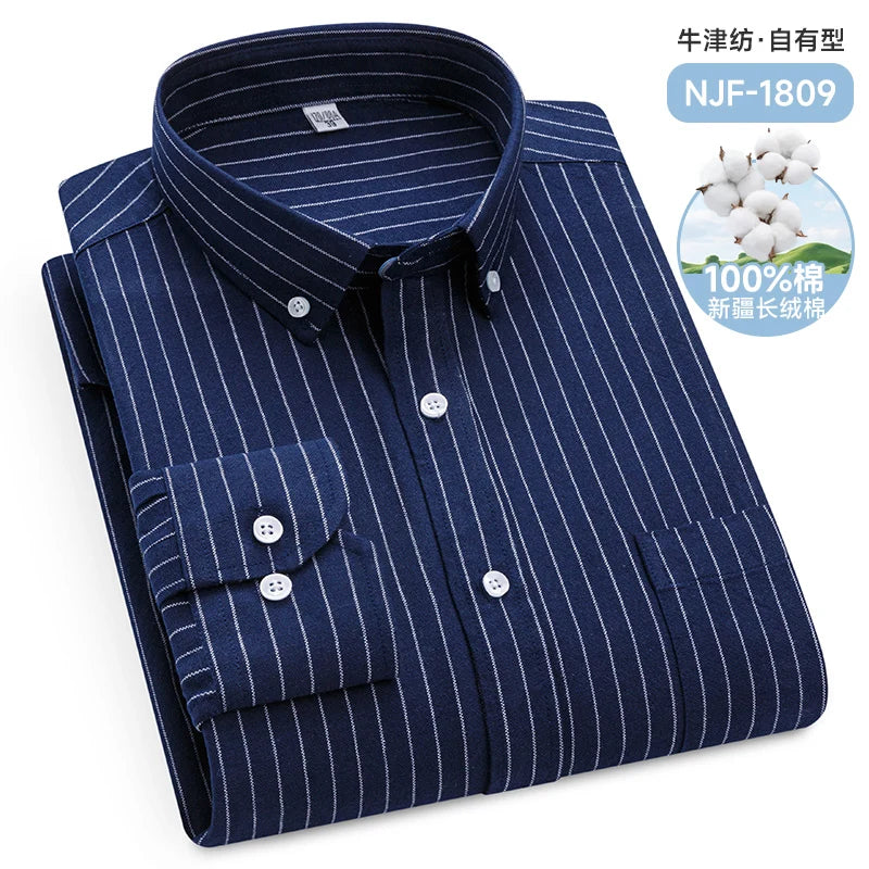 Classic Men's Long Sleeved Check Shirts 100% Oxford Cotton Casual Fashion Soft Plaid Stripe Solid Male Business Slim Fit Blouses