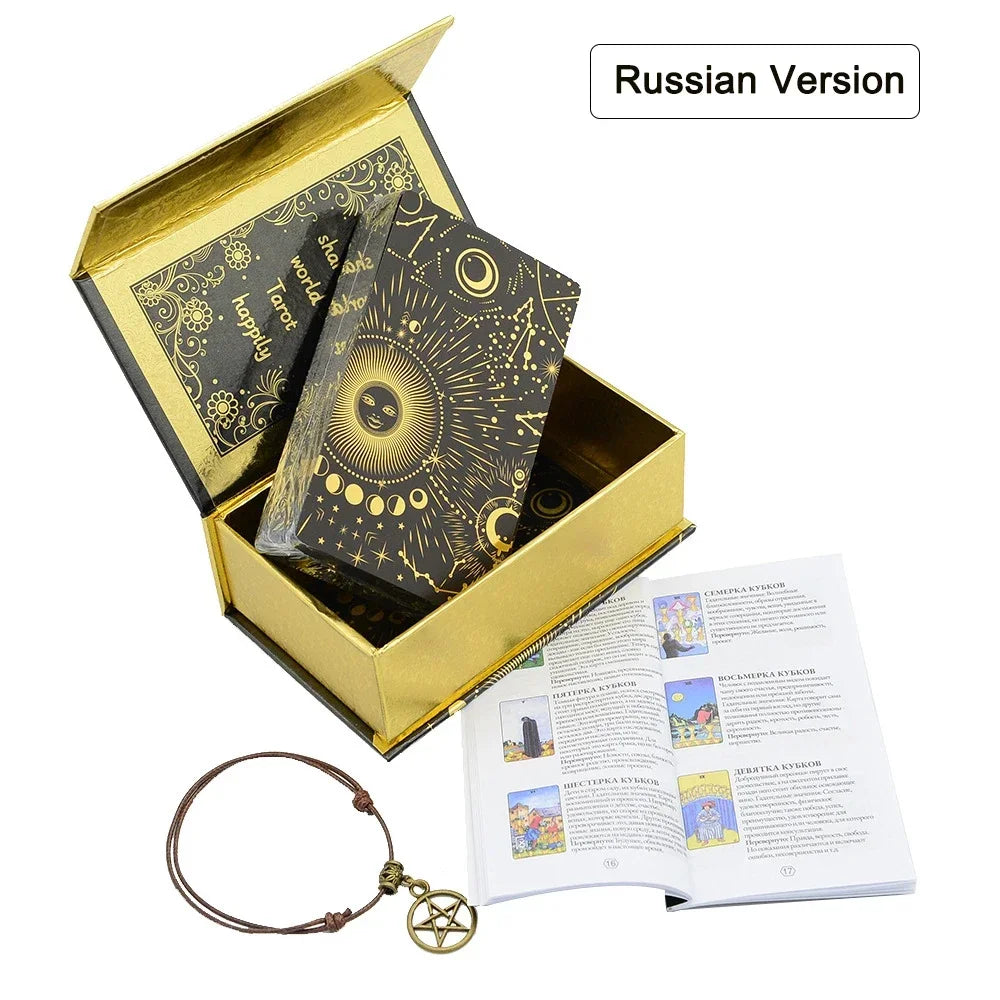 12 X7cm Feather Black Gold Sun Tarot Card Gift Box Set Gold Foil Tarot Deck Stamping PVC Waterproof Wear Resistant Game Card