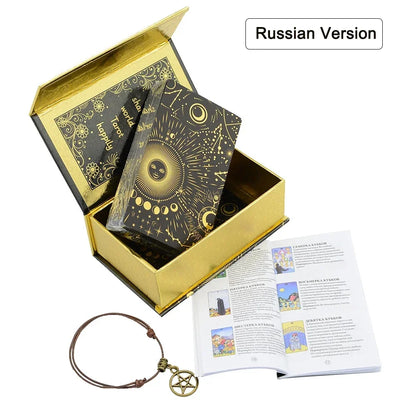 12 X7cm Feather Black Gold Sun Tarot Card Gift Box Set Gold Foil Tarot Deck Stamping PVC Waterproof Wear Resistant Game Card