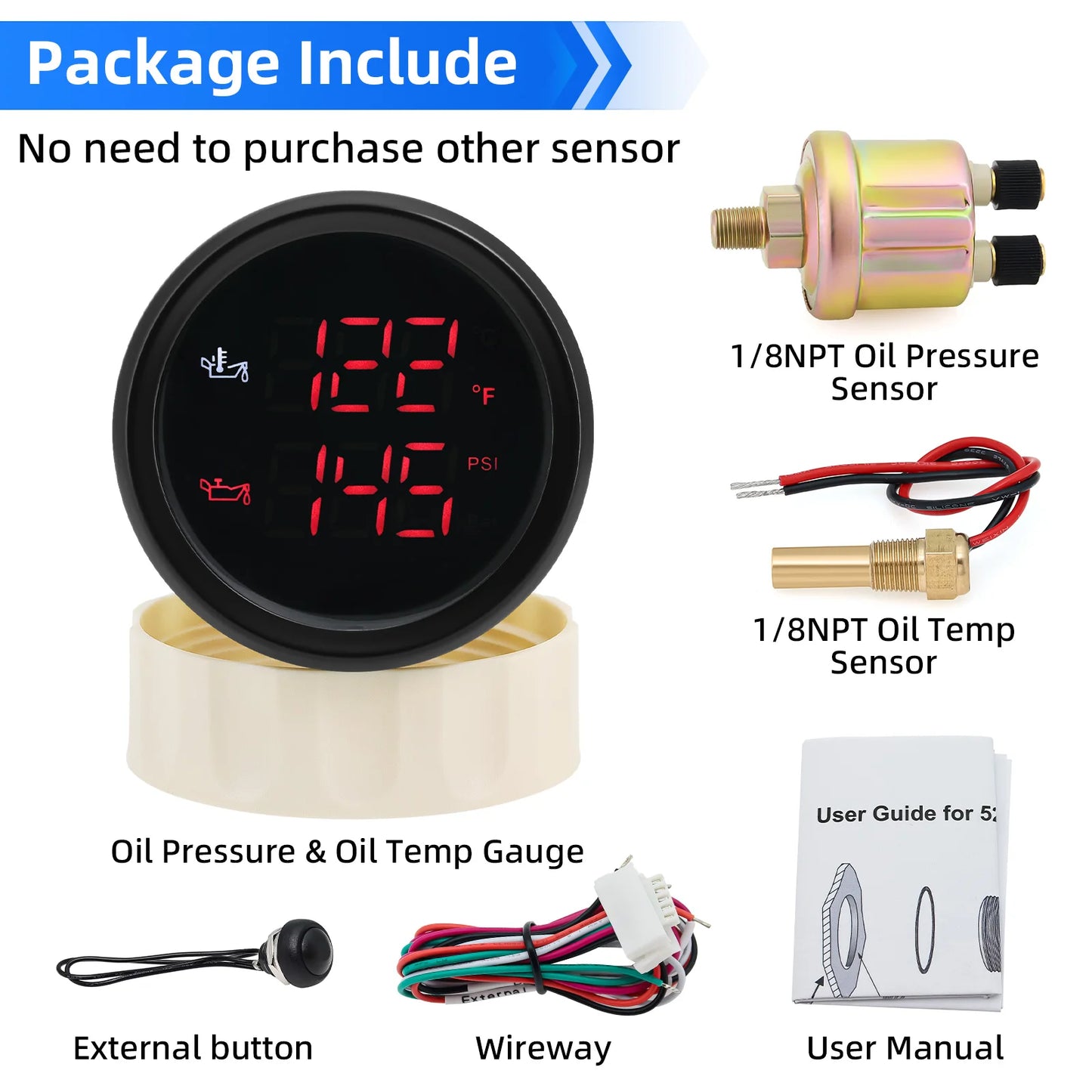 52MM 2 in 1 Digital Oil Temperature & Oil Pressure Gauge 50~150 Celsius Thermometer Indicator Oil Press 0~10 Bar for Boat Cars