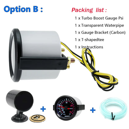 2 "52mm Turbo Boost Gauge 0~30PSI White LED Smoke Len -30in.Hg~0~30PSI Auto Turbo Boost Controller Kit Holder waterpipe