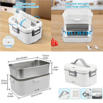 Electric Lunch Box 80W 1.8L Portable Food Warmer Stainless Steel Detachable Heating Bowl Large Capacity For Car Or Home