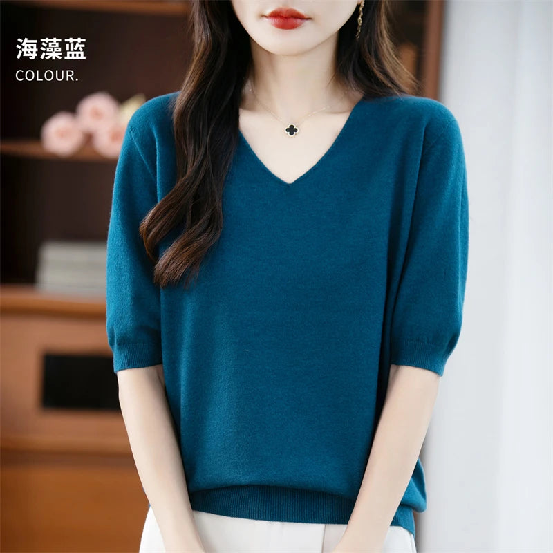 Thin Worsted Wool Short-Sleeved Women's Loose Round Neck T-shirt Printed Summer Fashion Knitted Bottoming Shirt Half-Sleeved
