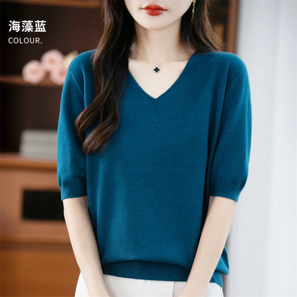 Thin Worsted Wool Short-Sleeved Women's Loose Round Neck T-shirt Printed Summer Fashion Knitted Bottoming Shirt Half-Sleeved