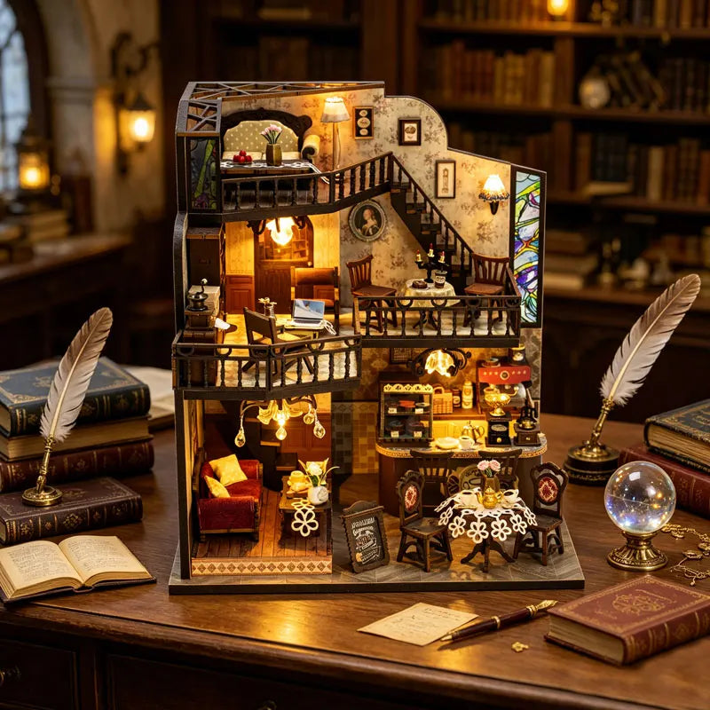 Zuuton Retro Coffee House DIY Miniature Dollhouse Kit 3D Wooden Puzzle Loft Building Kit with LED Light and Full Furniture Gifts