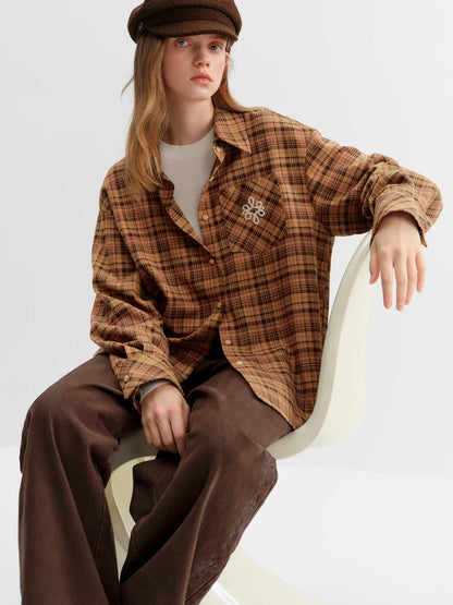 FSLE Brushed Plaid Shirt Women's Winter 2025 New Long Sleeve Plaid Retro Embroidery Shirt Classic Leisure Loose Tops