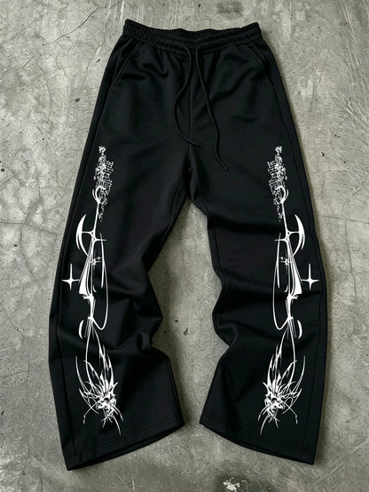 Y2K Dark Punk Abstract Gothic Cross Star Print Mens Baggy Wide Leg Sweat Pants Loose Straight Drawstring Hip Hop Street Joggers