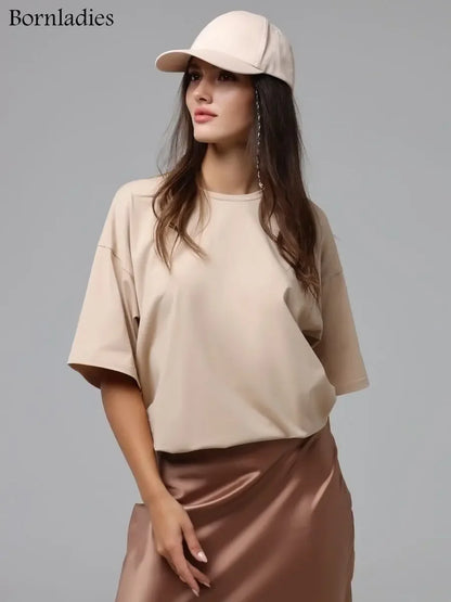 Bornladies 2025 Women's Summer 100% Cotton T-shirt Bottoming Basic Fashionable Solid Lady Short Sleeve Loose Tops Shirts