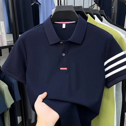 High End Luxury Men's Pure Cotton Short Sleeved Summer New Item 2026 Business Casual Daily Lapel T-shirt Striped Polo Shirt