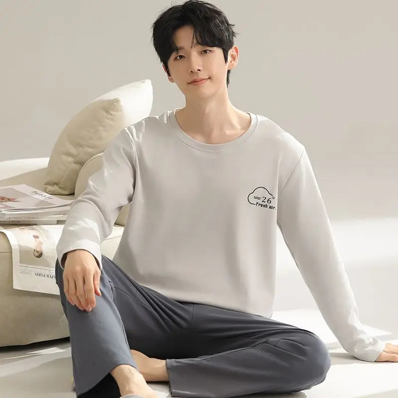 2024 Autumn Long Sleeve 100% Cotton Pajamas Sets for Men Korean Loose High Quality Sleepwear Pyjamas Male Homewear Home Clothes