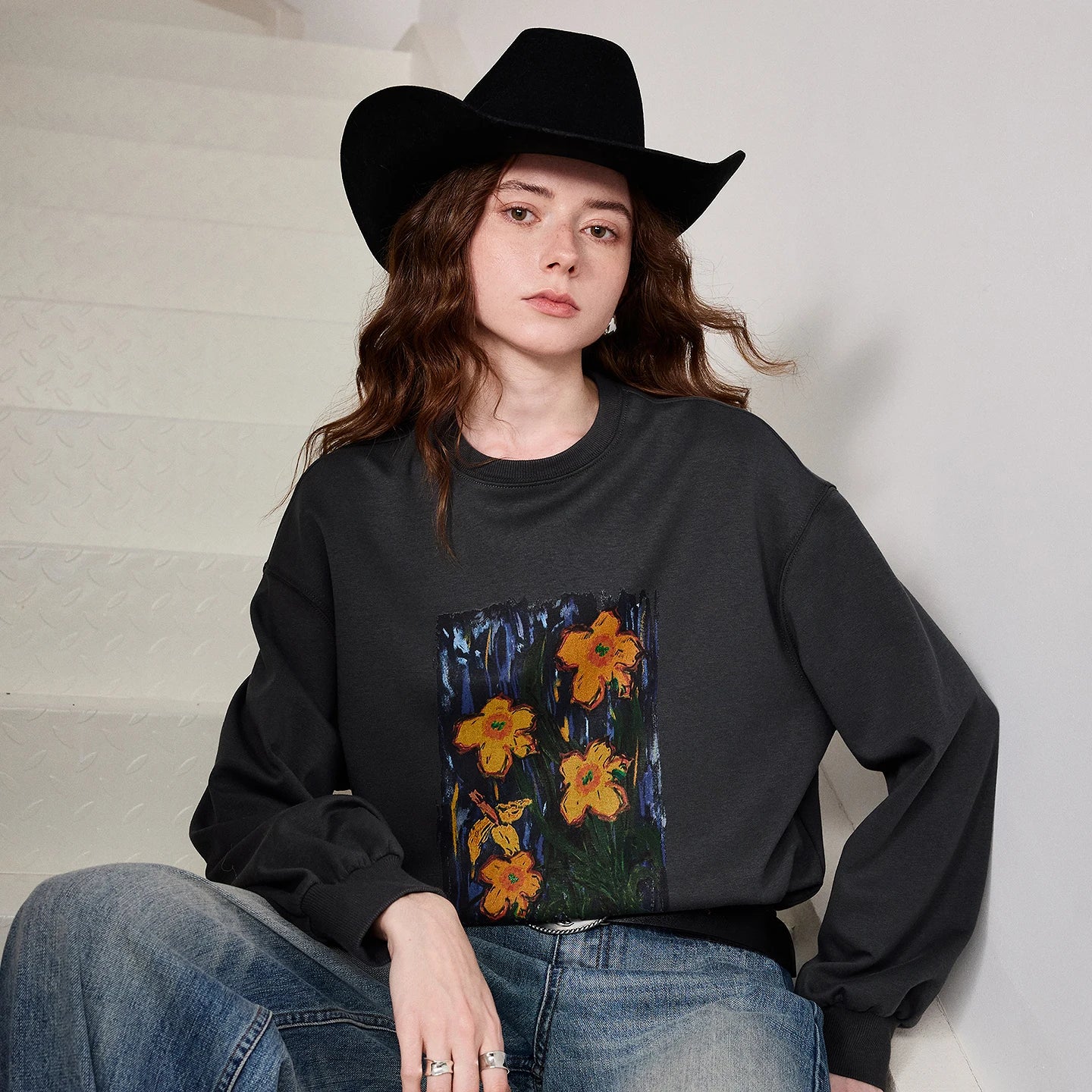 TOYOUTH Women Crew Neck Loose Sweatshirt 2026 Spring New Oil Painting Print Minimalist Chic Casual Top