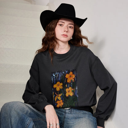 TOYOUTH Women Crew Neck Loose Sweatshirt 2026 Spring New Oil Painting Print Minimalist Chic Casual Top