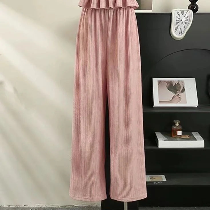 Summer 2025 New Folded Square Collar Bubble Sleeve Shirt High Waist Loose Casual Wide Leg Pants Two Piece Set Women's Fashion