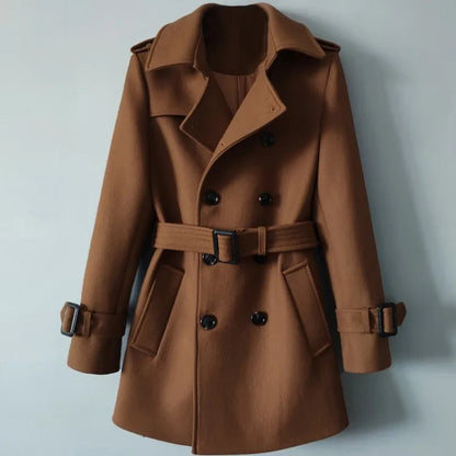 Men Mid Long Woolen Blends Coat Belted Double Breasted Wool Trench Spring New Business Work Windbreaker Classic Outwear Overcoat