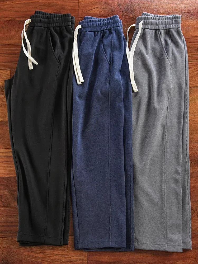Autumn New American Retro Thick Solid Color Knitted Sweatpants Men's Simple Elastic Waist Drawstring Sport Casual Loose Pants