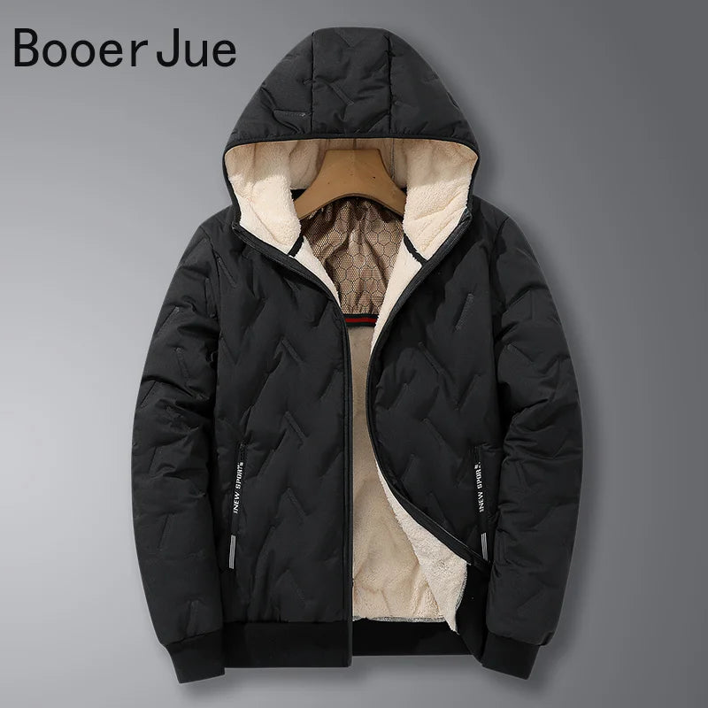 EU Size Men Hooded Jacket Thick Warm Winter Coat Fleece Lined Black Grey Parkas Fashion Casual Quilted Coat Outwear Clothing Top