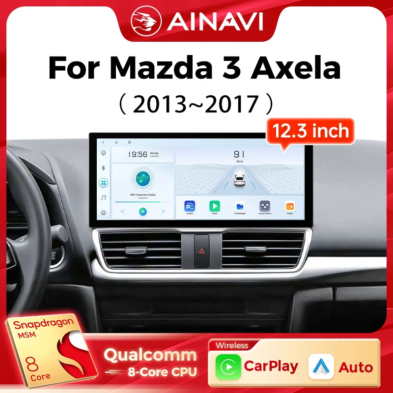 Ainavi 12.3 Inch Radio For Mazda 3 Axela 2013 2014 2015 2016 2017 2018 Car Multimedia Player Wireless Carplay Android Auto 2K 4G