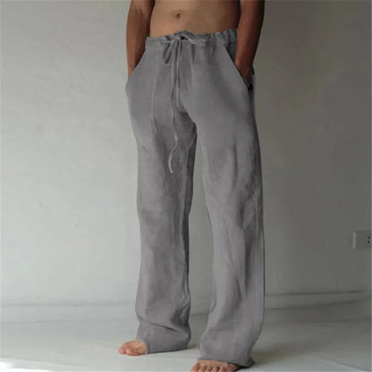 2026 New Men's Cotton Linen Pants, Elastic Waist Solid Color Straight Wide Leg Casual Trousers