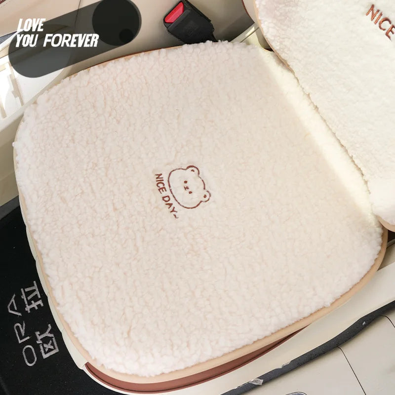Premium Fuzzy Bear Car Seat Cushion Autumn Winter Thermal Vehicle Seat Cover with Thick Padding Cute Animal Themed Car Accessory