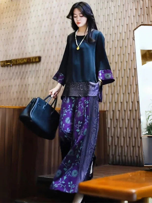 Silk Wide Leg Pants plus Size Loose Fitting Meat Covering Two Piece Set for Stylish Older Women Summer New Arrival