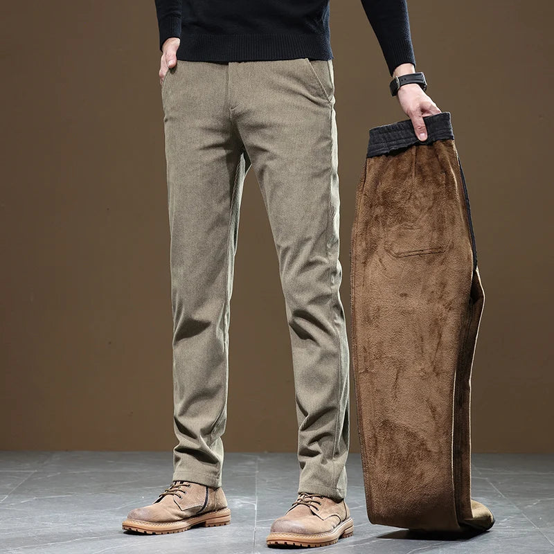 2024 New Winter Fleece Warm Corduroy Pants Men Business Fashion Slim Fit Stretch Thicken Gray Khaki Fluff Casual Trousers Male
