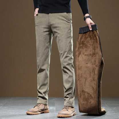 2024 New Winter Fleece Warm Corduroy Pants Men Business Fashion Slim Fit Stretch Thicken Gray Khaki Fluff Casual Trousers Male