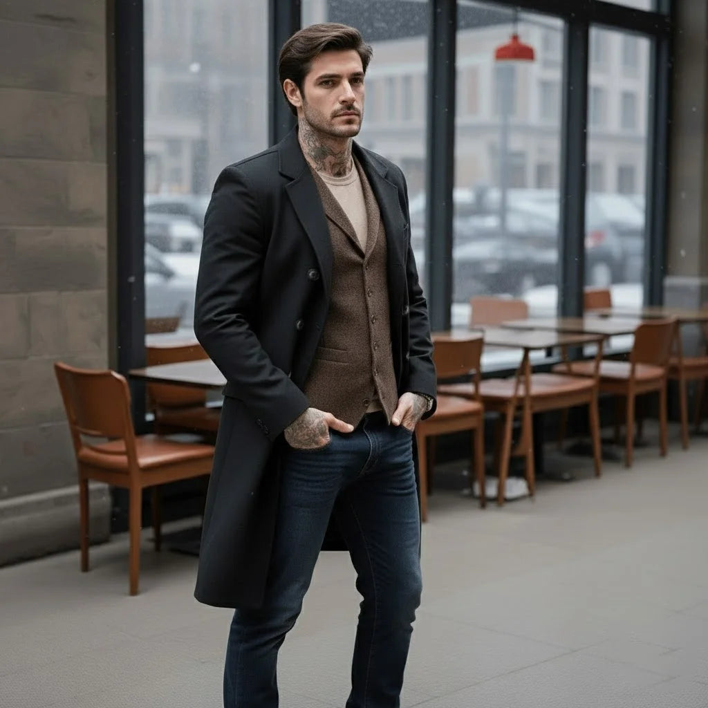 Men's Premium Mid-Length Double Breasted Woolen Coat Heavyweight Thickened Warm Lined Jacket for Winter