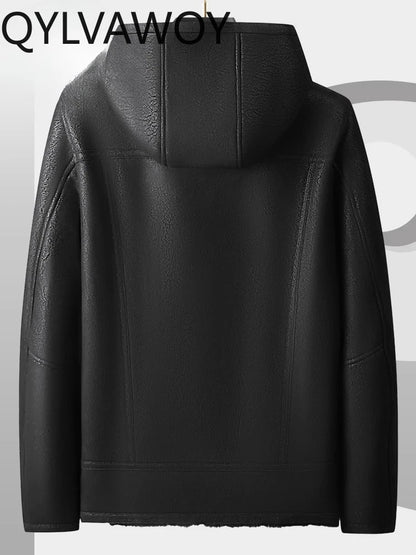 QYLVAWOY 2025 Winter 100% Sheepskin Shearling Men's High-End Real Leather Hooded Fur Coat Outerwear lederjacke herren LJ3637
