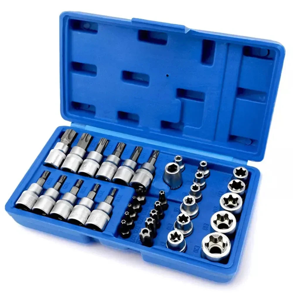 TRD For 34Pcs Torx Star Sockets & Bit Set Handheld Tool Male / Female E- Security Bits Drive Torque Star Socket with Blue Case
