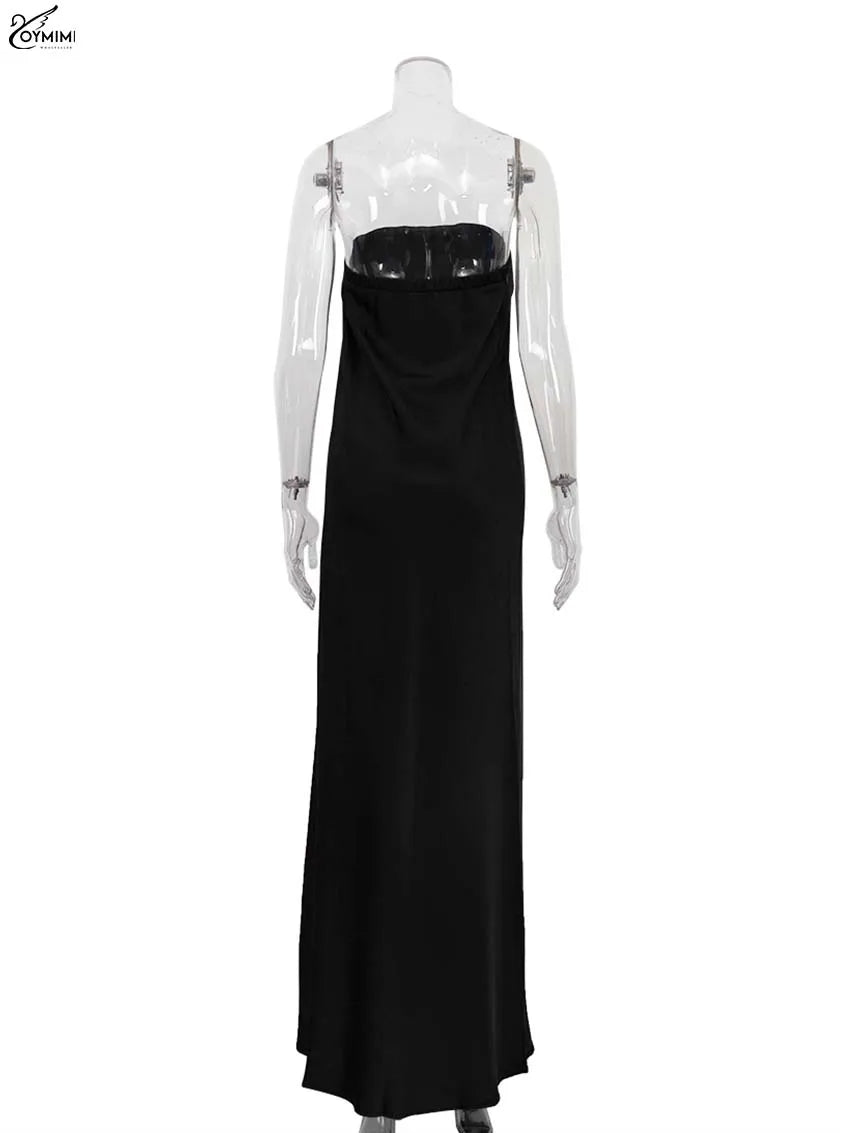 Oymimi Elegant Black Satin Womens Dresses Fashion Strapless Loose Solid Dresses Casual Simple Floor-Length Dress Female Clothing