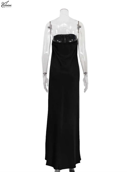 Oymimi Elegant Black Satin Womens Dresses Fashion Strapless Loose Solid Dresses Casual Simple Floor-Length Dress Female Clothing
