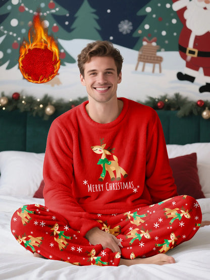 Men's Christmas-themed fleece pajama set, featuring a long-sleeve top and matching pants, comfortable and casual loungewear