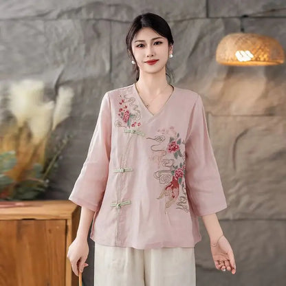 New 2025 Women's Linen Shirt V-Neck Side Button Chinese Style Loose Top National Style Floral Embroidery Thin Summer Fashion