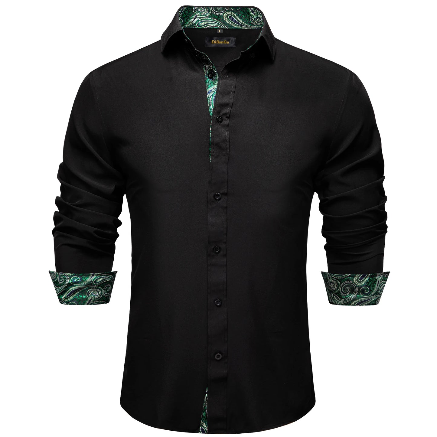 Men Shirts Long Sleeve Black and Green Contrast Color Tops Casual Fashion Polyester Dress Shirt Business Party Men Clothing