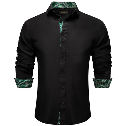 Men Shirts Long Sleeve Black and Green Contrast Color Tops Casual Fashion Polyester Dress Shirt Business Party Men Clothing