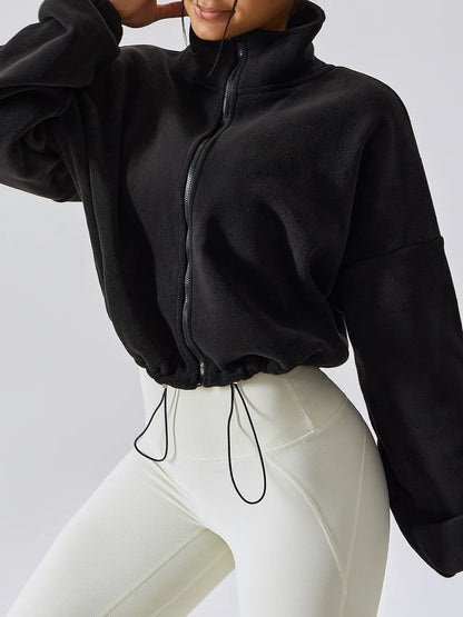 Loose Stand Collar Fleece Casual Jacket Women's Comfortable Polyester Blend Long Sleeve Zipper Closure Fashionable Sweatshirt