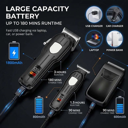 Professional Cordless Hair Clipper Set for Men Rechargeable Electric Hair Trimmer with LED Display Grooming Kit with Accessories
