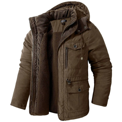 2025 Winter Men's American Fashion Versatile Hooded Cotton Jacket Thickened Multi Pocket Casual Simple Medium Length Top Coats