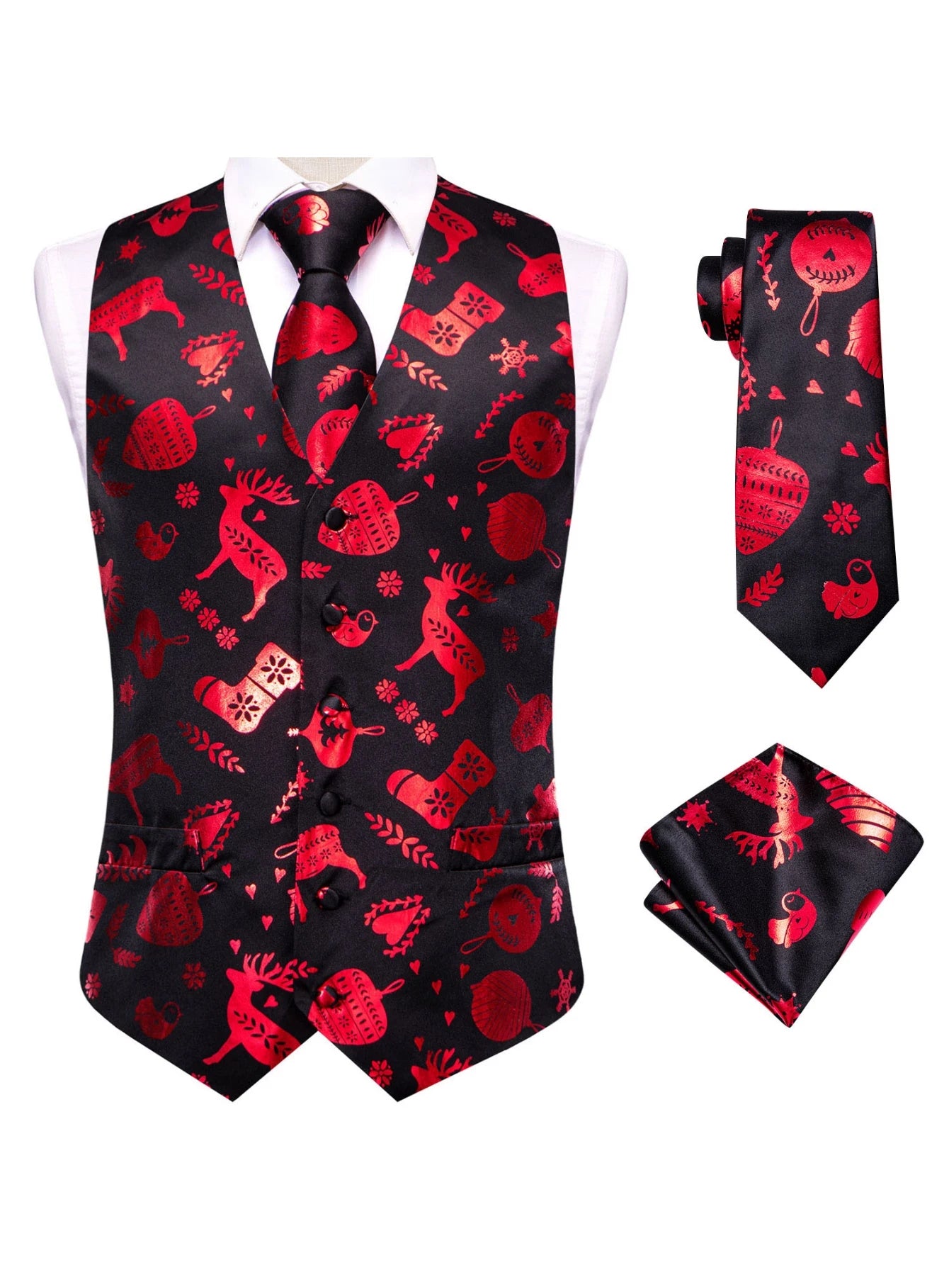 Men's Christmas Print Vest 3-Piece Set: Vest, Tie, Pocket Square, Red Blue Green Yellow for Holiday Parties