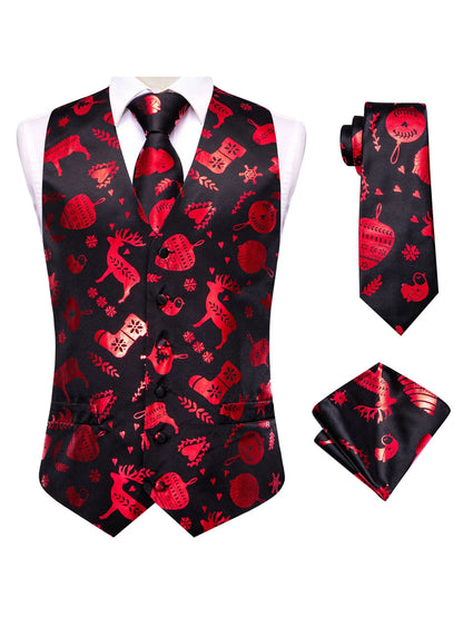 Men's Christmas Print Vest 3-Piece Set: Vest, Tie, Pocket Square, Red Blue Green Yellow for Holiday Parties
