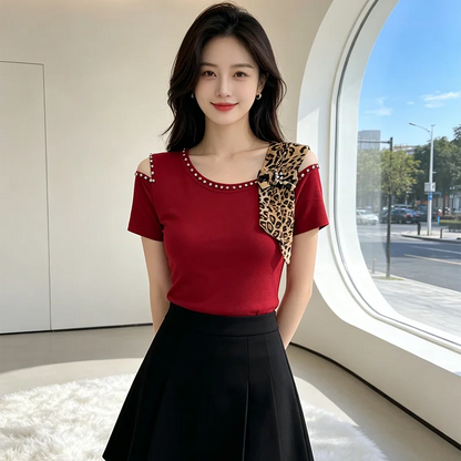 Summer New Off Shoulder Short sleeved T-shirt Korean Fashion Diamond Tops Slim Style Bowknot Women Shirt