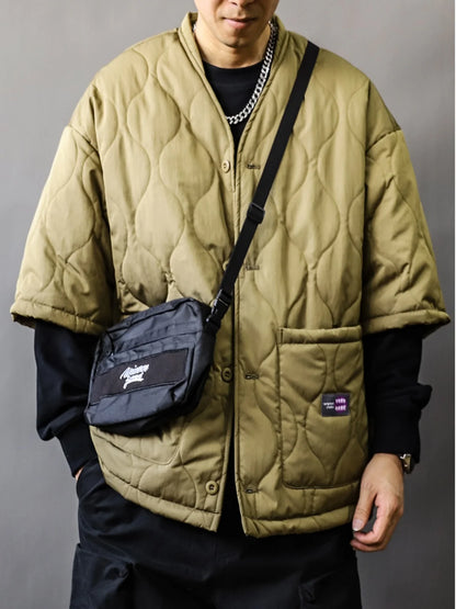 Autumn Winter Japanese Streetwear Half Sleeve Padded Jacket Harajuku Casual Mens Jacket Harajuku Thick Trendy V-Neck Coat Male