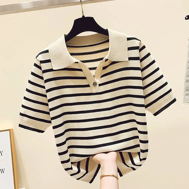 Loose Fit Ice Silk Knitted Short Sleeve T-Shirt Women's Summer Button up Top Slimming Striped  Neck Design plus Size